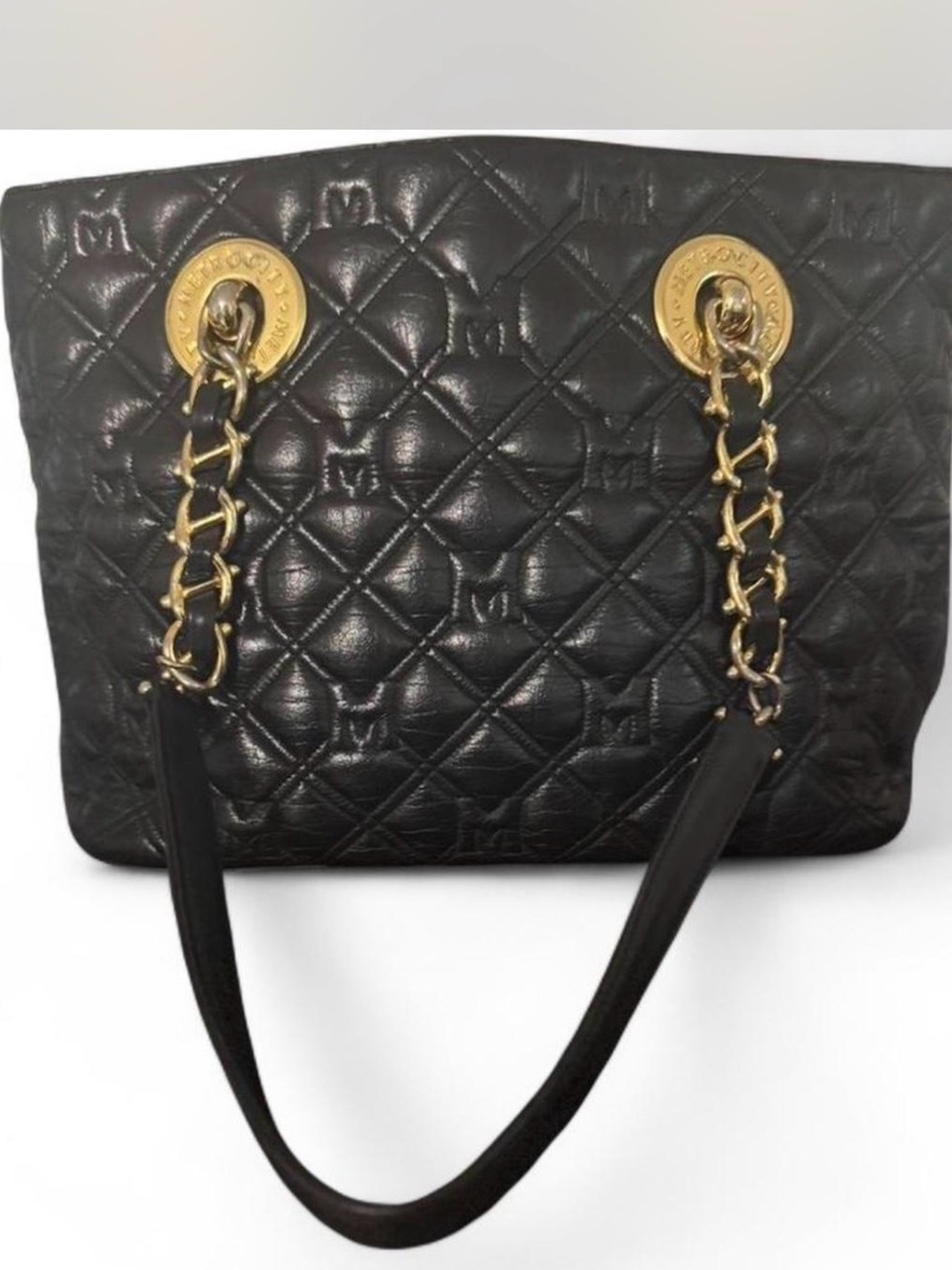 Metro City Black Quilted Leather Tote with Gold Chain straps. - Picture 2 of 10